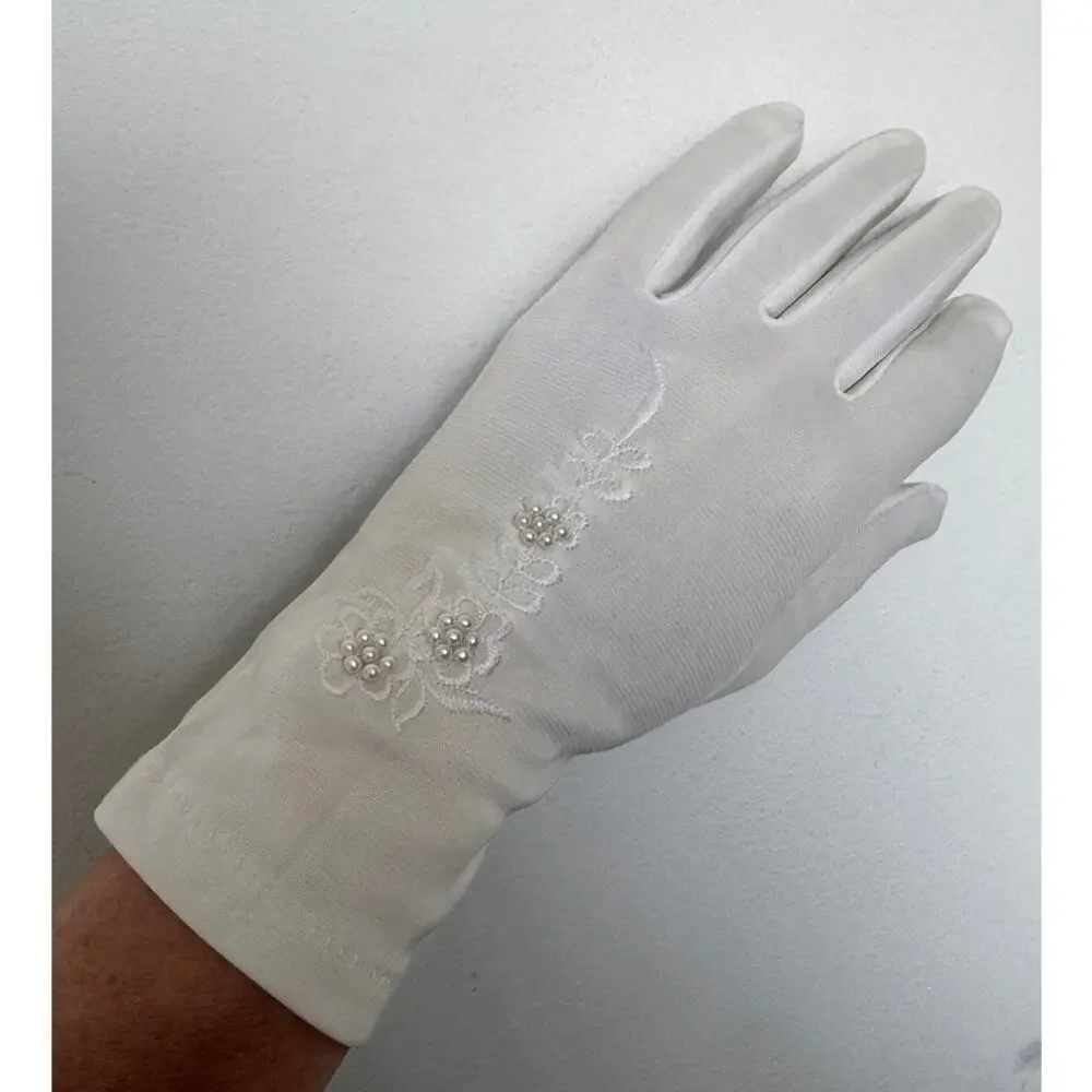 Vintage 1980s White/Ivory Unbranded Satin Beaded Floral Gloves XS S